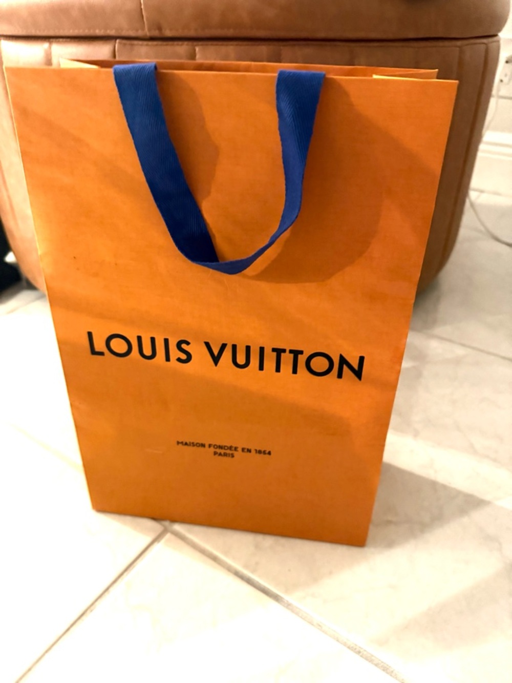 Authentic Louis Vuitton Orange Paper Bag with Blue Ribbon Handles